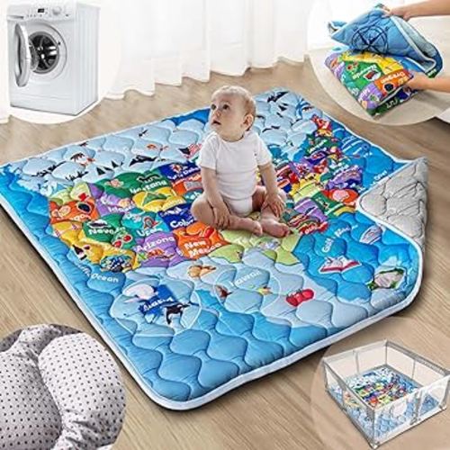 Baby Play Mat, 50x50 Playpen Mat with Super Soft Touch, Thick Activity Mat with Upgraded Anti-Slip Bottom, Machine Washable Crawling Mat for Floor & Picnic (Map)