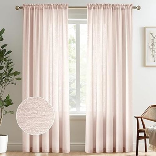 Melodieux Light Pink Semi Sheer Curtains 96 Inches Long for Living Room, Bedroom Faux Linen Texture Farmhouse Rod Pocket Shiny Sheer Curtains Drapes Light Filtering, 52" W x 96" L, 2 Panels