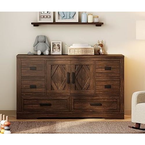WAMPAT Modern Farmhouse Baby Dresser with Changing Table Top and Barn Door Cabinet, Wood Nursery Dresser for Kids' Bedroom,Nursery Room,Dark Walnut Brown