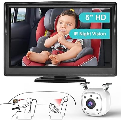 Baby Car Mirror, 5" HD 1080P Baby Car Camera Monitor with Night Vision Function, View Two Kids with 120° Wide Angle Clearly, Easy Installation, Dual Bracket