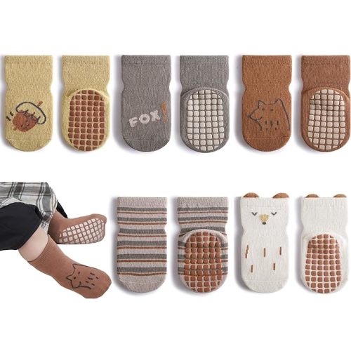 Exegawe Toddler Non Slip Socks, Cute Baby Socks with Grips Crew Socks 5 Pairs - 6-12 Months - H-caramel Mixcolors