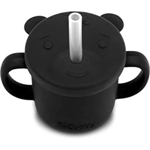 RAZBABY Oso-Cup Silicone Sippy Cup with Straw, 6.5 Oz, 6M+, Easy to Clean Cup w/ Safe Straw Length for Toddlers, Trainer Cup for Baby, BPA-Free, Travel Friendly, Dishwasher and Microwave Safe – Black