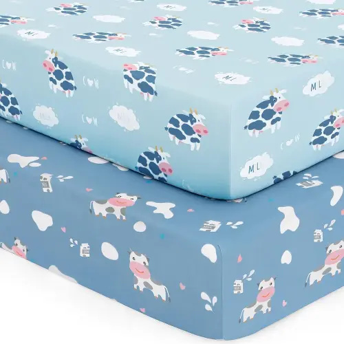 Pack and Play Sheets Fitted Mini Crib Sheets for Pack N Play Mattress Stretchy Sheet for Playpen and Playard Bedding Soft Breathable 2 Pack Blue Cow