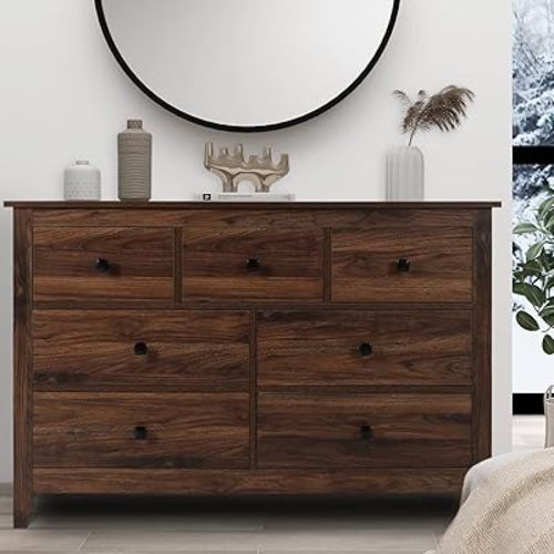 Vikiullf 7 Drawers Dresser - Farmhouse Dressers for Bedroom, Wood Rustic Dresser, Storage Cabinet for Bedroom, Living Room, Hallway