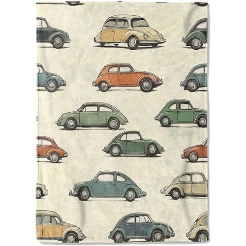 Retro Car Fleece Blanket,40x50in,Vintage Classic Colorful Beetle Cars Cream Throw Blankets,Soft Cozy Lightweight, Ideal for Bed Living Room Home Auto Enthusiasts Decor,Gifts