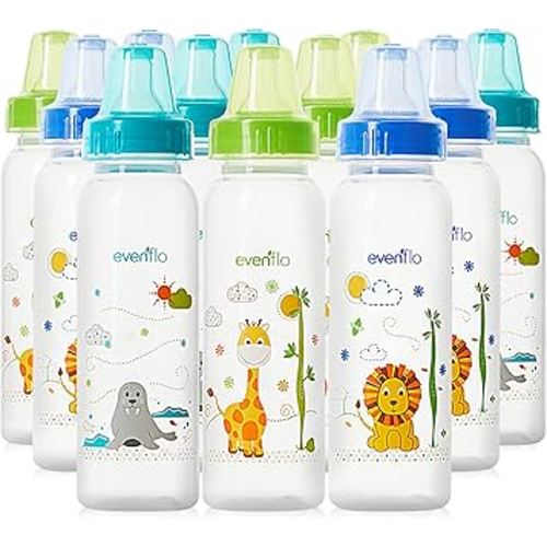Evenflo Feeding Classic Prints Polypropylene Bottles for Baby, Infant and Newborn - Blue/Green/Teal, 8 Ounce (Pack of 12)