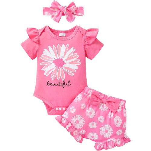Tiny Cutey Baby Girl Clothes Infant Summer Outfits Set Ruffle Sleeve Romper and Floral Shorts with Headband