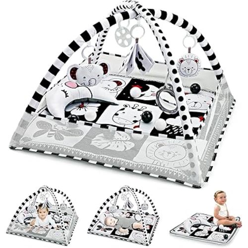 Baby Play Mat 8-in-1, Play Mat for Babies 0-6 Months Tummy Time Mat with Sensory Toys and Pillow Baby Play Gym Activity Mat for Newborn Infant Baby Play Mat High Contrast