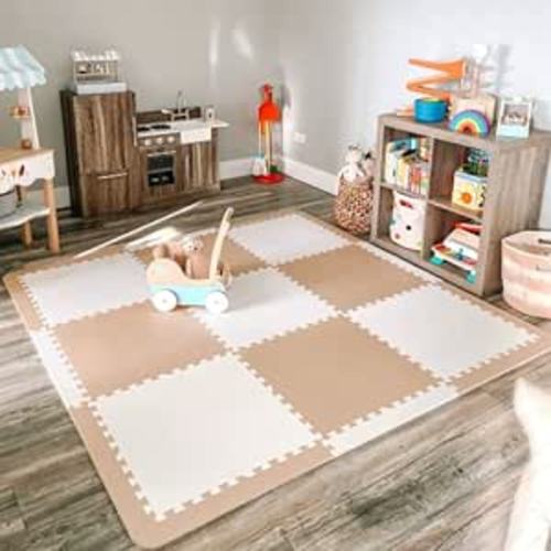 Baby Play Mat Tiles Extra Large Thick Non-Toxic Foam Floor Puzzle Mat Interlocking Activity Playmat for Infants Toddlers Kids Crawling Tummy Time 74x74 Inches (Beige/White)