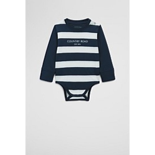 Navy Stripe Organically Grown Cotton Spliced Logo Long Sleeve Bodysuit - Jumpsuits & Bodysuits | Country Road