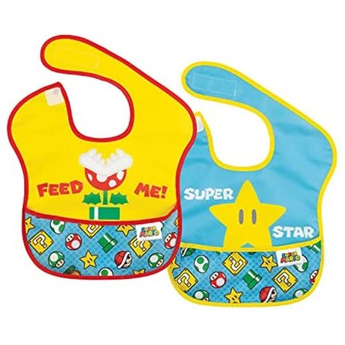 Bumkins Nintendo Super Mario SuperBib, Baby Bib, Waterproof, Washable, Stain and Odor Resistant, 6-24 Months (Pack of 2)