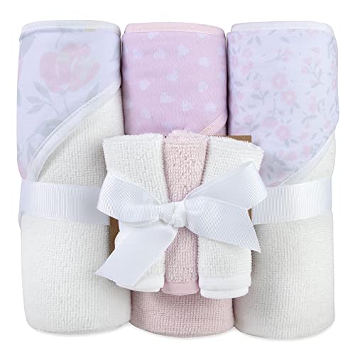 Hooded Baby Bath Towel and Washcloth 6 Piece Set for Newborns Infants & Toddlers, Boys & Girls Baby Hooded Towels (Pretty in Pink)