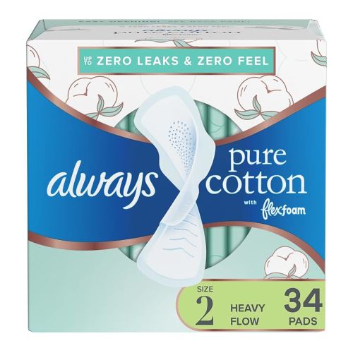 Always Pure Cotton Feminine Pads for Women, Size 2, Heavy Flow, with Wings, unscented, 34 CT