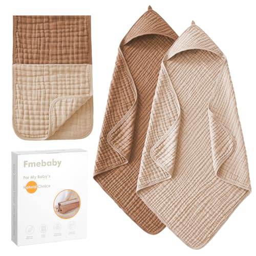 Fmebaby 2 Pack Muslin Hooded Baby Bath Towels and 2 Pack WashCloth Set, 36x36 Inch Soft Cotton Bath Towel Baby Wipes Absorbent Bath Face Towels Burp Cloths Face Towels for Girl Boy(Coffee and Apricot)