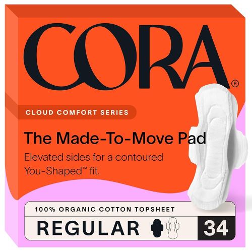 Cora Made-to-Move Regular Pads with Wings, Organic Cotton Topsheet Ultra Thin Feminine Care Pads for Women, Soft, Comfortable & Breathable Menstrual Pad, Regular Absorbency, Unscented, 34 Count