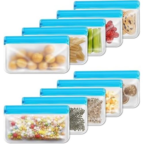 Reusable Snack Bags Dishwasher Safe,10Pack Reusable Bags Silicone Extra Thick Leak-proof Reusable Freezer Bags for Candy, Snack, Cereal, Travel Items, Home Organization(BLUE)