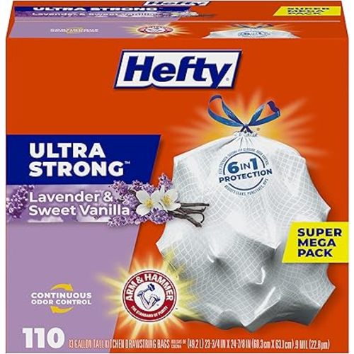 Hefty Ultra Strong 13 Gallon Trash Bags, Tall Kitchen Trash Bags, Break Resistant Drawstring Enclosure, Resists Leaks and Punctures, Odor Neutralizer, White, Lavender and Sweet Vanilla, 110 Bags