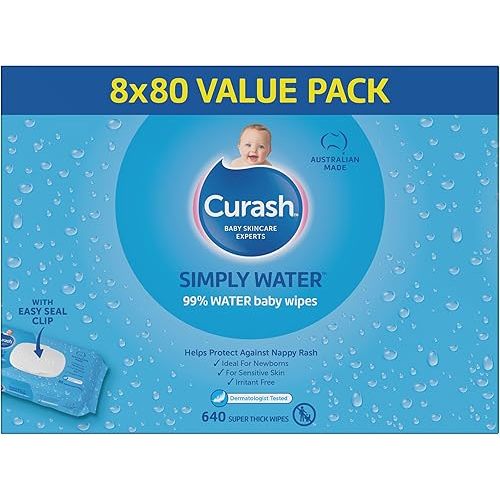 Curash Simply Water Baby Wipes, 8x80 Pack, Thick and Soft Texture, 99% Water With No Soap, Alcohol or Parabens, Suitable for Newborns, Everyday Cleansing and Nappy Changes, 640 Wipes