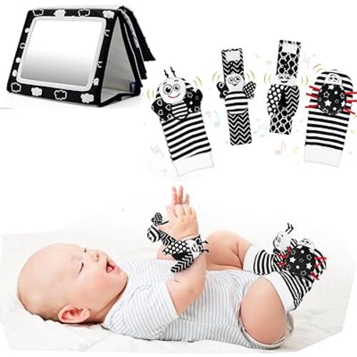 Baby Toys 0-12 Months - Foot Finders & Wrist Rattles with Tummy Time Mirror Toys Black and White Sensory Toy