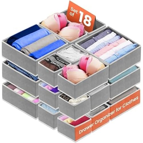 RFAQK 18 Pack Drawer Organizer Clothes-3 Sizes Underwear Dresser Drawer Organizer for Closet, Baby Clothes Organizer for Wardrobe-Foldable Fabric Drawer Dividers for Bedroom,Lingerie,Undies,Bra-Grey