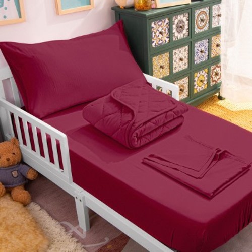 4 Piece Toddler Bedding Set, Soft Crib Bedding Set, Includes Quilted Comforter, Fitted Sheet, Flat Sheet and Pillowcase, Wine Red - NTBAY