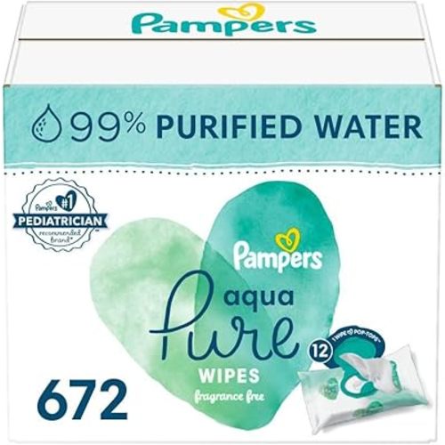 Pampers Baby Wipes Aqua Pure, 99% water-based wipes, Hypoallergenic and Unscented Baby Wipes, 672 Wipes Total (12 Flip-Top Packs)