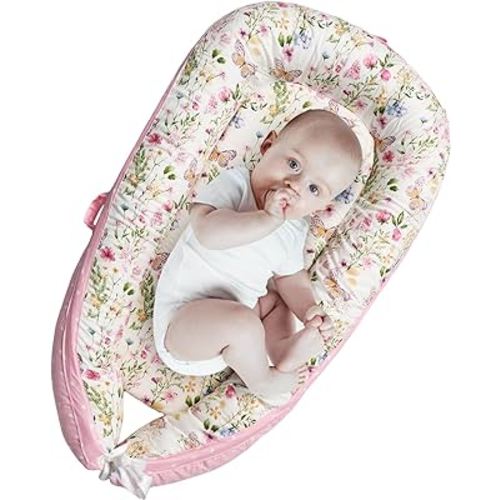 AMAWMW Baby Lounger for Newborn Infant Baby Nest Sleeper for 0-12 Months Portable Adjustable Washable Lounger Cover for Co Sleeping Removable Slipcover Lounger Pillow Floor Seat for Travel Essentials