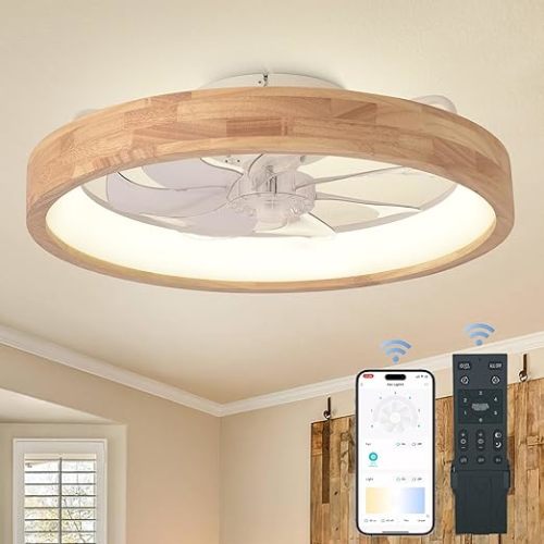 20” Ceiling Fan with Light, 3 Color Dimmable LED, 6 Speeds,Reversible DC Motor, Wooden Flush Mount Low Profile Ceiling Fans with Lights and Remote for Bedroom/Kidsroom/Dinng Room