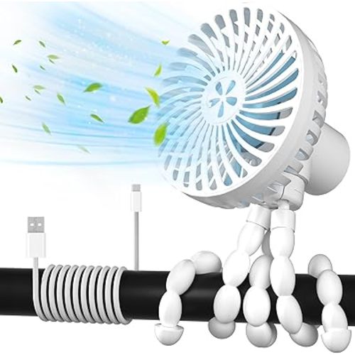 RUN HELIX Stroller Fan 3000mAh Battery Operated Fan with 3 Speed can Work 4-12 Hours,Personal Portable Fan with Flexible Tripod Clip on Student Bed Desk Bike Crib Traveling-Car Seat Fan White