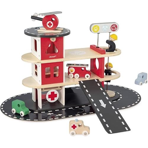 Janod - Bolid Wooden Fire Station - 5 Vehicles Included - Imagination and Fine Motor Skills - Water-Based Paints - 2 Years + J04639