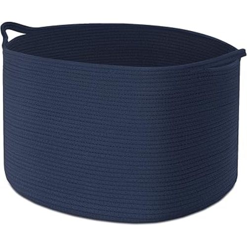 Extra Large Blanket Basket, Maliton Cotton Rope Basket for Toys, Woven Laundry Basket with Handles, Decorative Storage Basket Bin for Living Room, Bedroom, Kids Room, Bathroom, 22" x 22" x 14", Blue