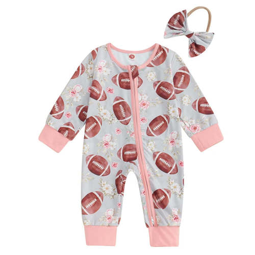 Baby Girl 2Pcs Fall Outfit Long Sleeve Football Flower Print Jumpsuit – August + Willow