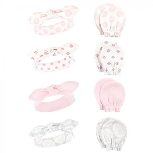 Hudson Baby Infant Girl Cotton Headband and Scratch Mitten Set, Lace Medallion, 0-6 Months