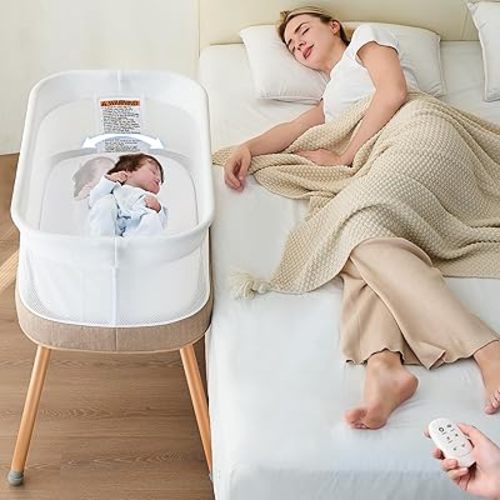 Automatic Rocking Bassinet for Newborn, 3-Speed Electric Baby Bassinet with White Noise & Lullabies, Portable Baby Bedside Sleeper with Battery Power, Brownish-Yellow