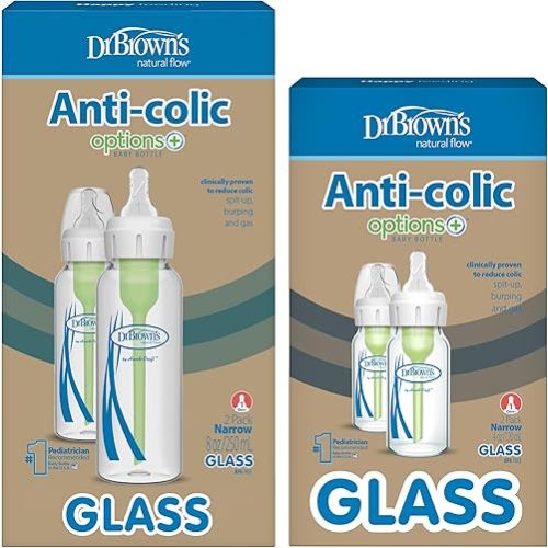 Dr. Brown's Natural Flow Anti-Colic Options+ Narrow Glass Baby Bottles, Made in The USA, BPA Free, 8oz and 4oz, 0m+, 4-Pack