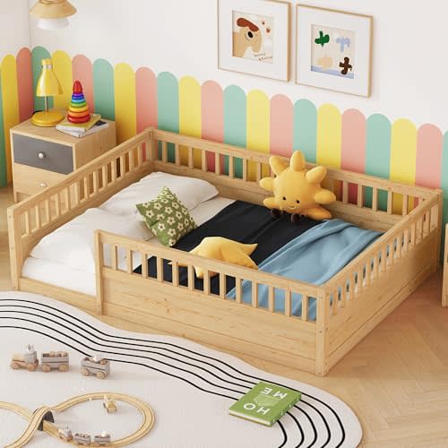 Floor Bed for Kids, Full Size Montessori Beds with High Fence Railings, Wood Playhouse Bed with Rails for Baby Boys Girls Teens, No Slats Included, Natural