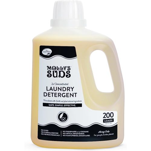 Molly's Suds Liquid Laundry Detergent | Natural Laundry Detergent Soap for Sensitive Skin | 2x Concentrated, High Efficiency (HE) (Unscented - 200 Loads) - 100 Fl Oz