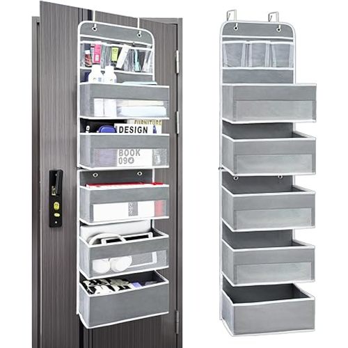 Over The Door Organizer Storage, 6 Shelf of Reinforcement Anti-Tilt Can Bear 44lb Bathroom Organization and Storage, Suitable for Bedroom, Pantry, Kitchen, Grey