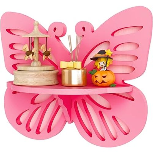 Pink Butterfly Shaped Floating Shelf for Girl’s Room, Cute Wall Display Rack for Nursery Decor, Small Decorative Shelf Wall Mounted, Wood Hanging Wall Shelf for Toys, Plants and Decorations Storage