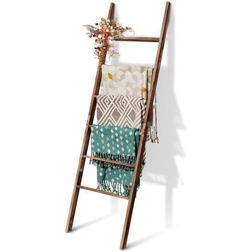 6-Tier Blanket Ladder Wooden, 5.7FT(66.5'') Blanket Quilt Towel Holder Rack Decorative Ladder, Easy Assembly, Rustic Farmhouse Ladder Shelf for The Living Room Bedroom Bathroom Home Decor, Brown