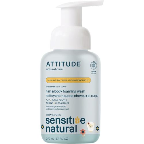 ATTITUDE 2-in-1 Shampoo and Body Wash for Baby, EWG Verified, Plant- and Mineral-Based Ingredients, Dermatologically Tested, Vegan Products for Sensitive Skin, Unscented, 8.4 Fl Oz