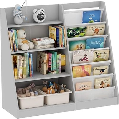 Gray Kids Bookshelf for Nursery Toddler Baby Sling Book Rack Adjustable Shelf Children Bookcase for Classroom Playroom Bedroom Décor Toy Magazine Book Storage Organizer 4 Tier Boy Girl’s Gift