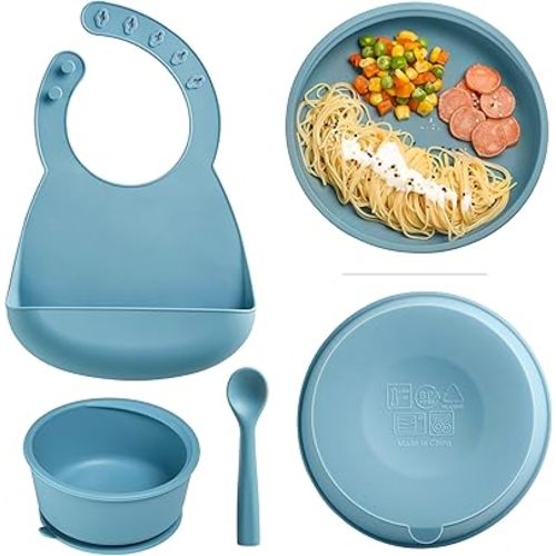 Silicone Baby Feeding Set, Self Feeding Baby Utensils with Suction Baby Bowl Plate Blue