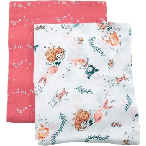 Bebe au Lait Oh So Soft Muslin Swaddle Blanket Set, Soft Muslin Design, Stylish Patterns - Mermaids and Bubbles