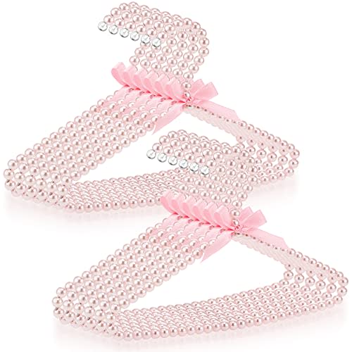 Threan Pearl Beaded Clothes Hanger Mini Pearl Beads Small Metal Clothes Hangers with Ribbon Standard for Kids Baby Children Pet Dog(Pink,12 Pcs)