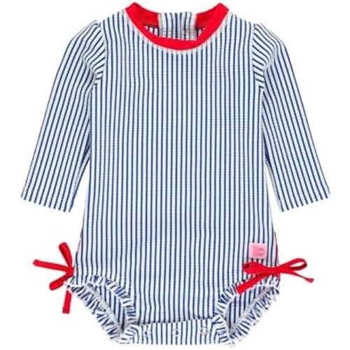 RuffleButts Baby/Toddler Girls Seersucker Long Sleeve One Piece Rash Guard Swimsuit with UPF 50+ Sun Protection
