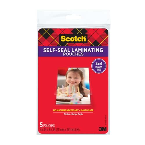 Scotch Self-Sealing Laminating Pouches, Gloss Finish, Photo Size 4 x 6 Inches, 5/Pack