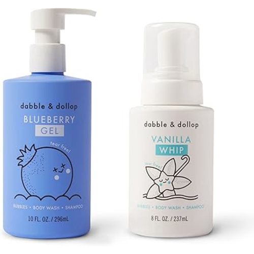 Dabble & Dollop Blueberry + Vanilla Body Wash & Shampoo - 3 in 1 Natural Bubble Bath for Kids, USA-Made, Paraben & Sulfate Free, Vegan, Gluten-Free, Tear-Free (Pack of 2)