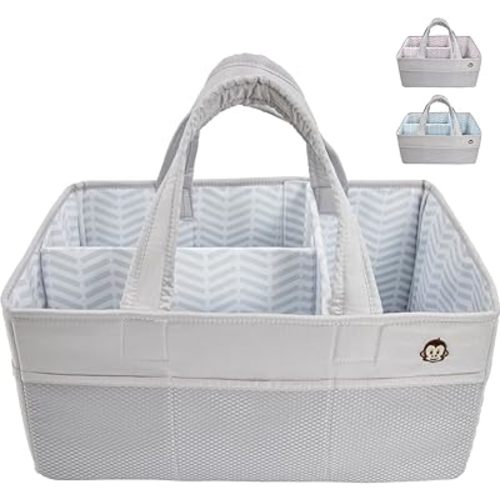 MIGHTY MONKEY Oversized Stain Resistant Baby Diaper Caddy Organizer with Handle, Adjustable Mesh Storage Bin Compartments for Diapers, Baby Wipes, Newborn Changing Table Nursery Essentials, Gray