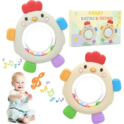 2pcs Teething Toys for Babies, Rattle Silicone Teething Ring BPA Free, Teethers 0-3-6-12+Months, BPA Free Grasping Teethers, Teething Relief for Boy, Girl Toddlers Baby Gift Essentials